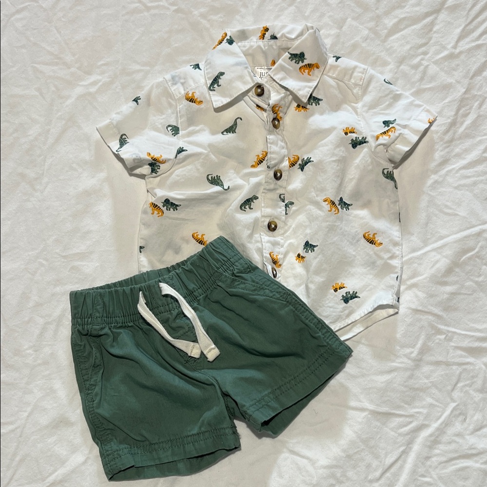 Dinosaur Print Kids Matching Set - White and Green